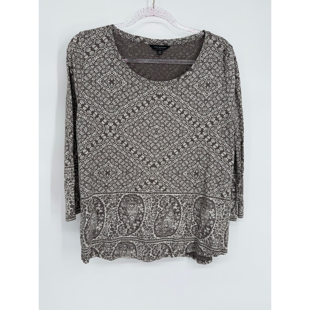 Lucky‎ Brand Womens Brown White Medallion Paisley Print Cotton Modal Top Sz L